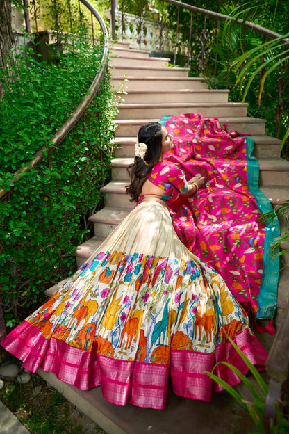 White Dola Silk Lehenga Choli With Kalamkari Print And Zari Weaving Work