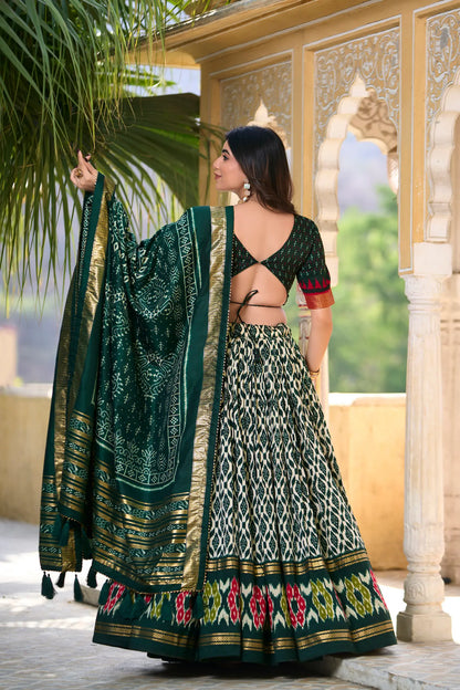 Green Tussar Silk Lehenga Choli With Ikkat Print Foil Work