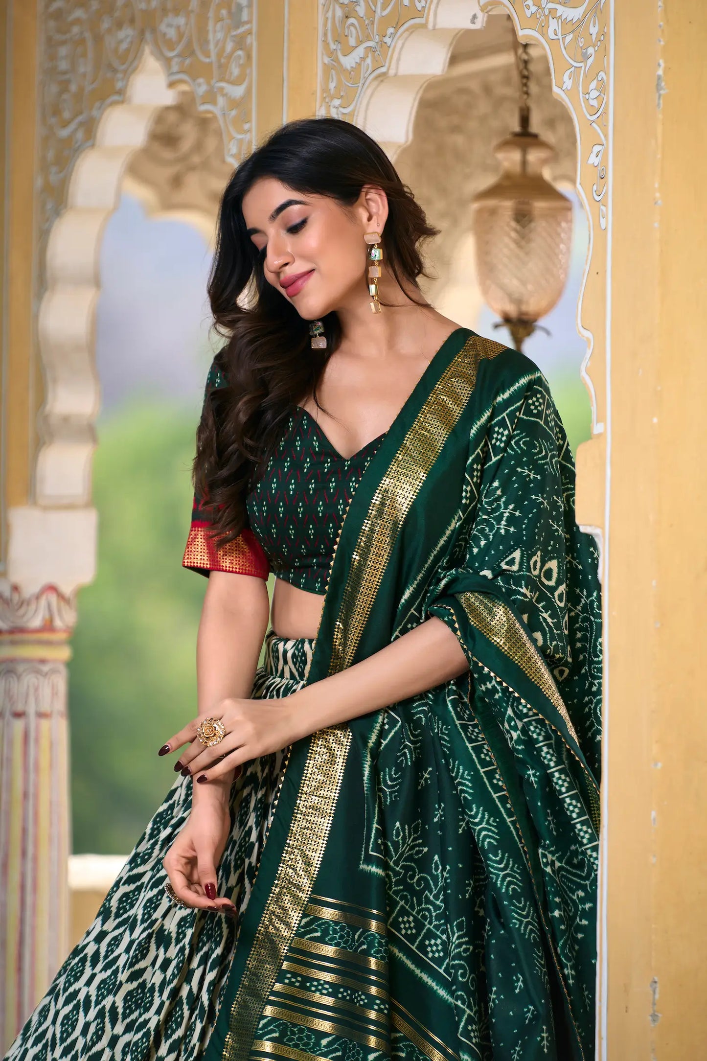 Green Tussar Silk Lehenga Choli With Ikkat Print Foil Work
