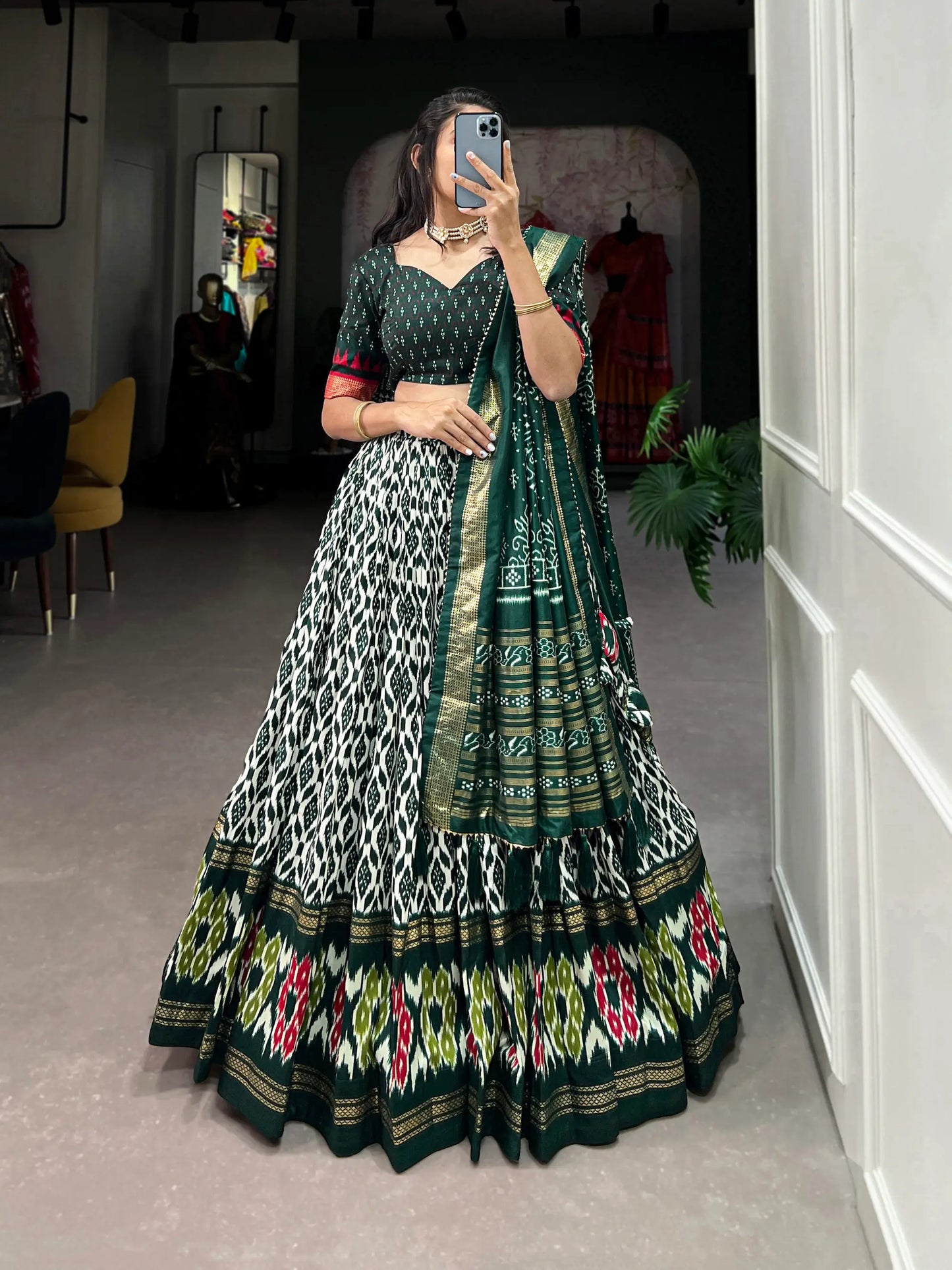 Green Tussar Silk Lehenga Choli With Ikkat Print Foil Work