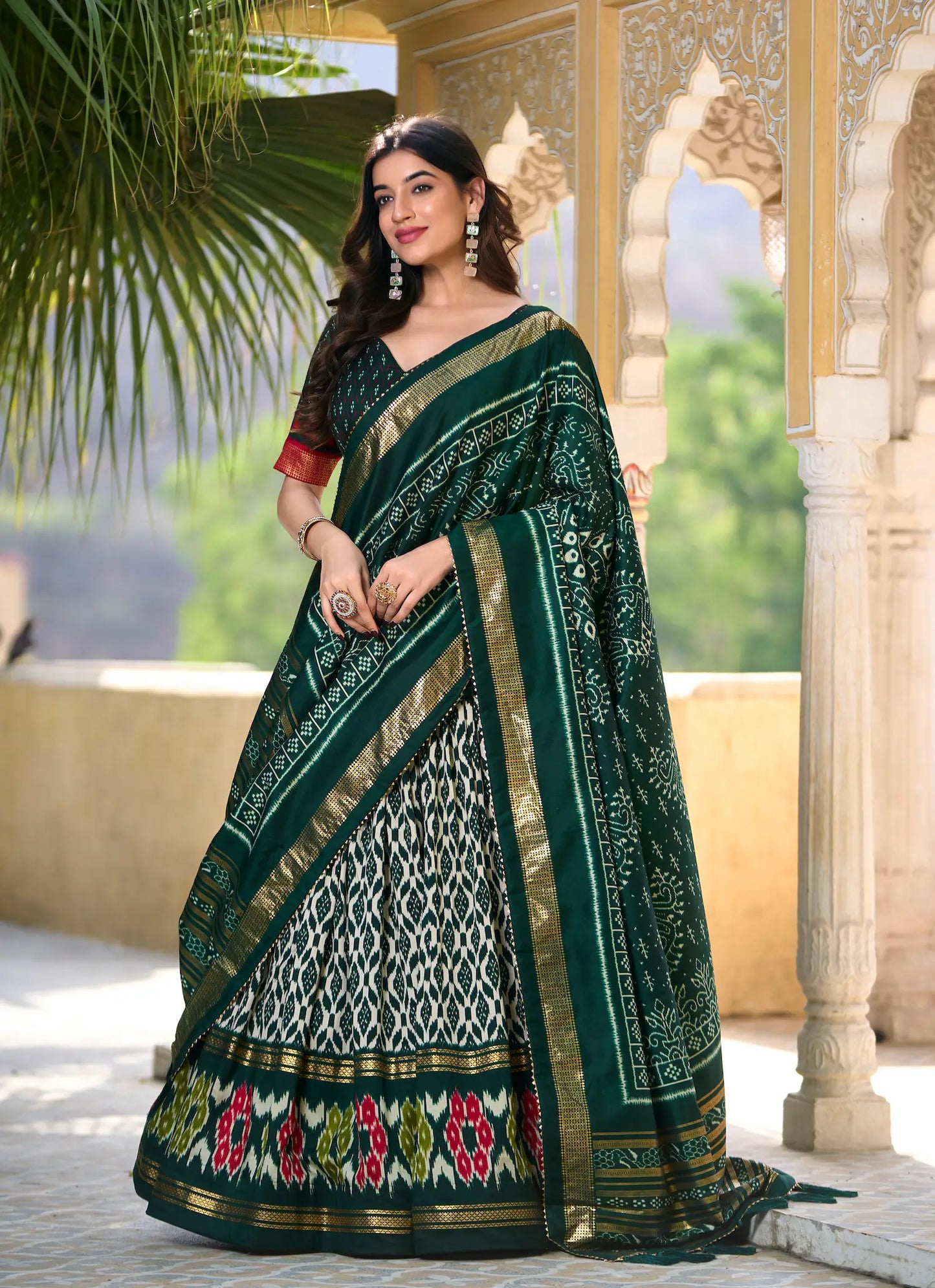 Green Tussar Silk Lehenga Choli With Ikkat Print Foil Work