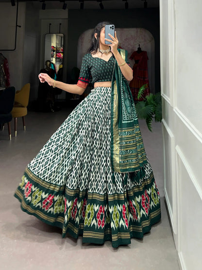 Green Tussar Silk Lehenga Choli With Ikkat Print Foil Work