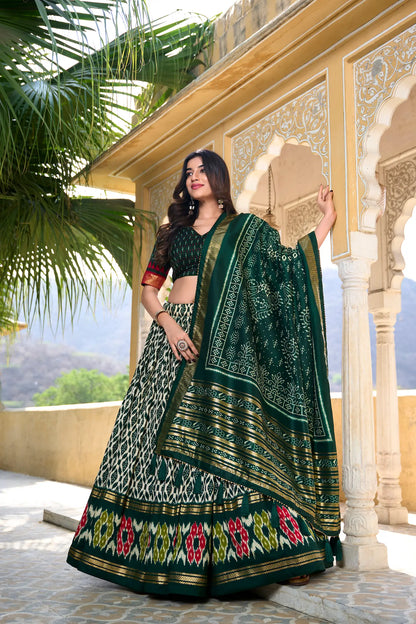 Green Tussar Silk Lehenga Choli With Ikkat Print Foil Work