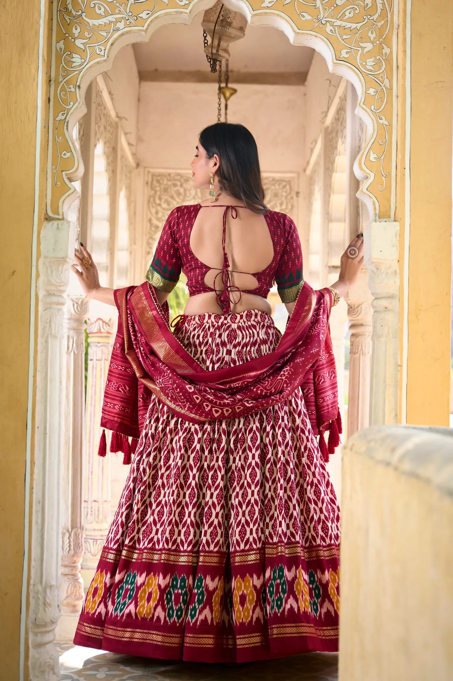 Maroon Tussar Silk Lehenga Choli With Ikkat Print Foil Work