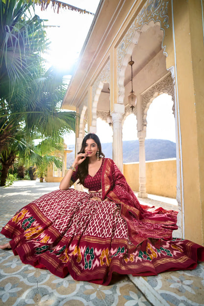 Maroon Tussar Silk Lehenga Choli With Ikkat Print Foil Work