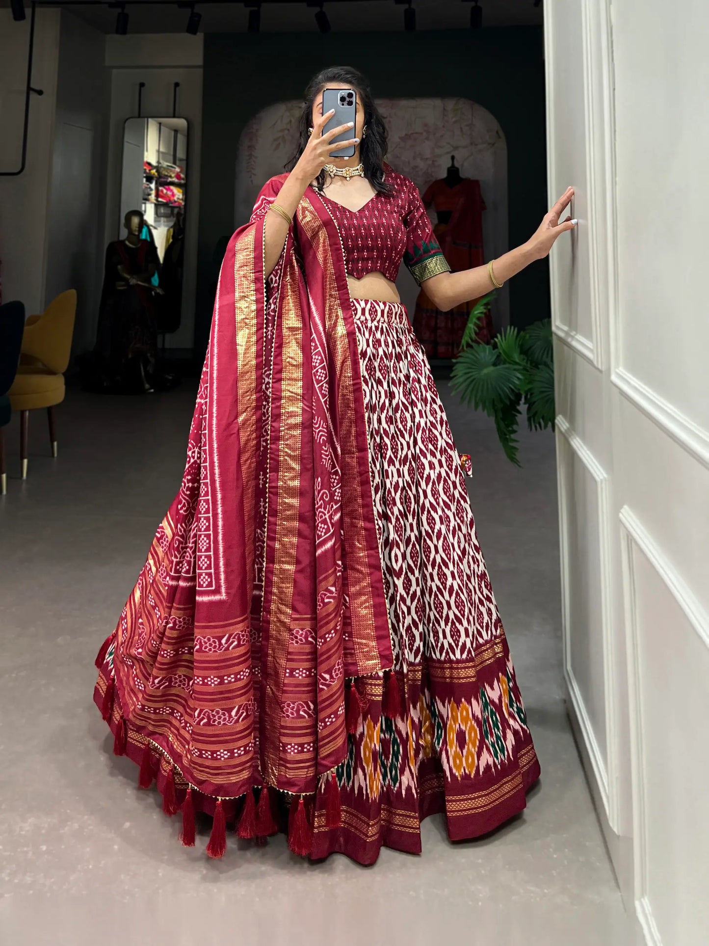 Maroon Tussar Silk Lehenga Choli With Ikkat Print Foil Work