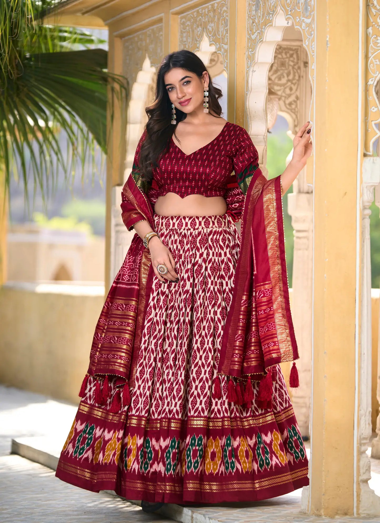 Maroon Tussar Silk Lehenga Choli With Ikkat Print Foil Work