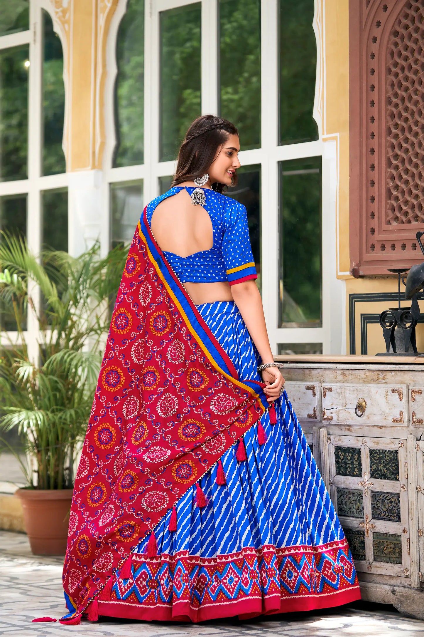 Royal Blue Tussar Silk Leheriya Print Lehenga Choli