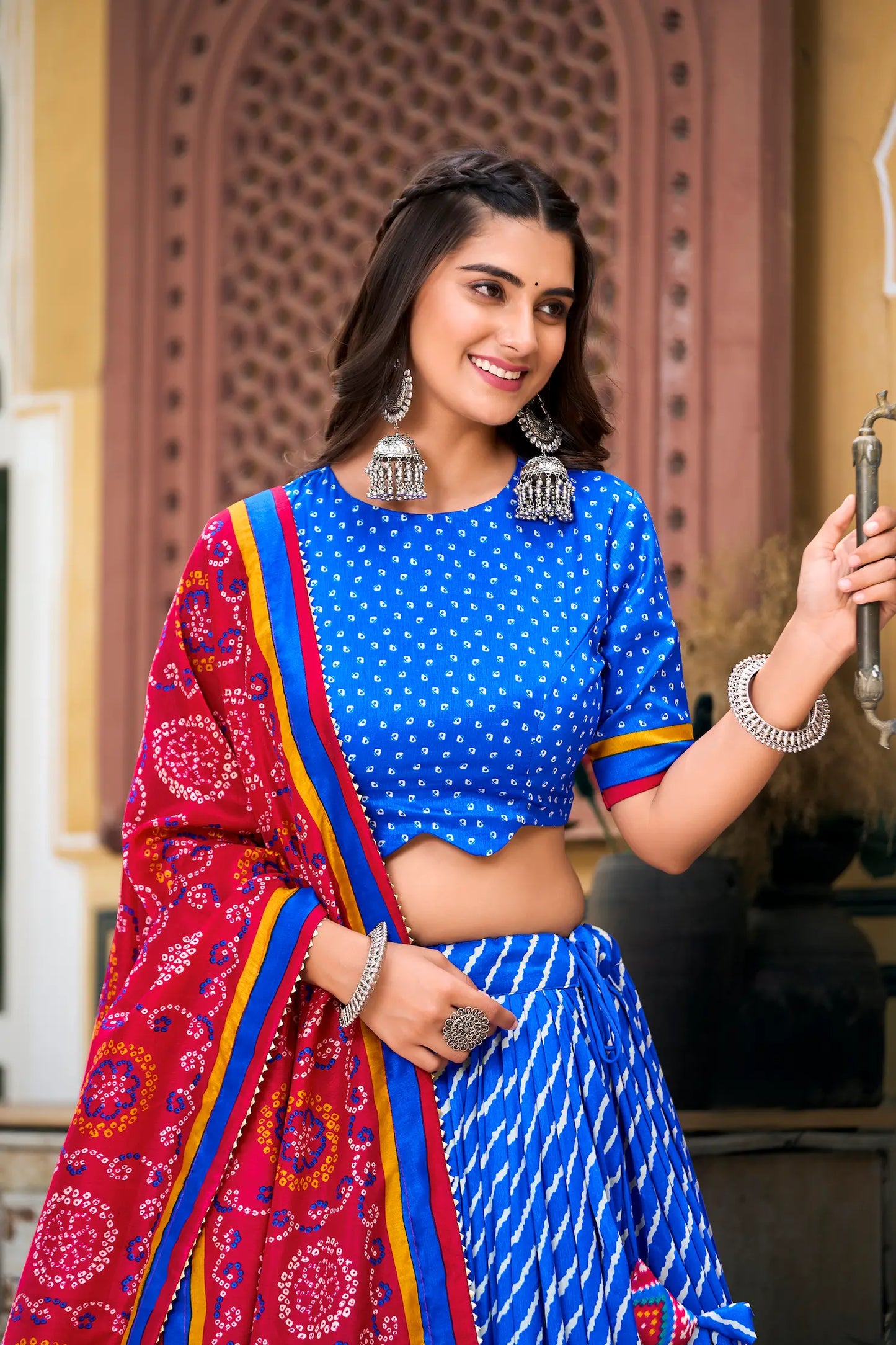 Royal Blue Tussar Silk Leheriya Print Lehenga Choli