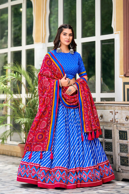 Royal Blue Tussar Silk Leheriya Print Lehenga Choli