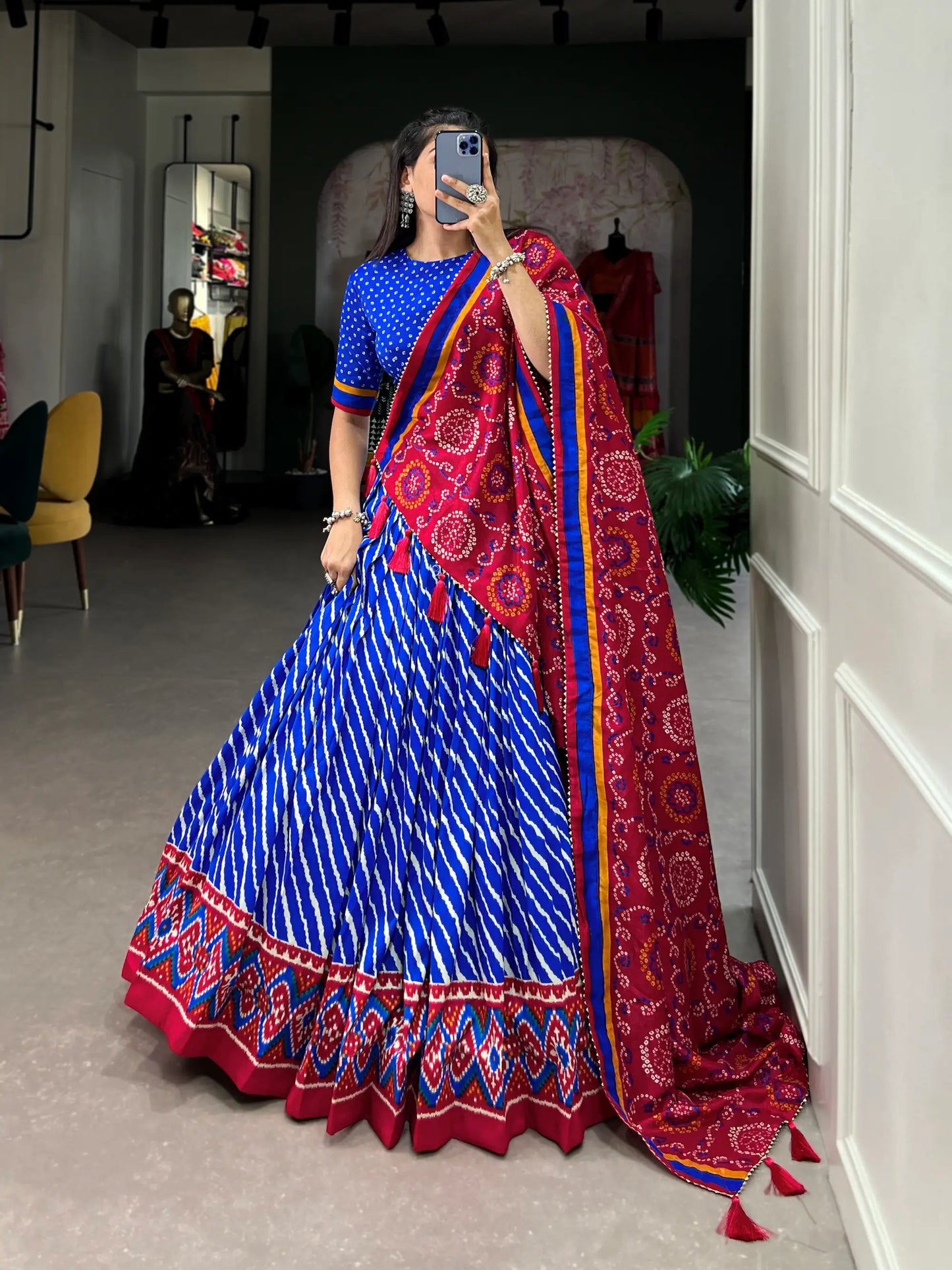 Royal Blue Tussar Silk Leheriya Print Lehenga Choli