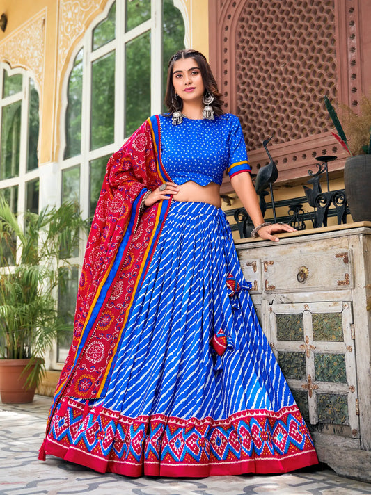 Royal Blue Tussar Silk Leheriya Print Lehenga Choli
