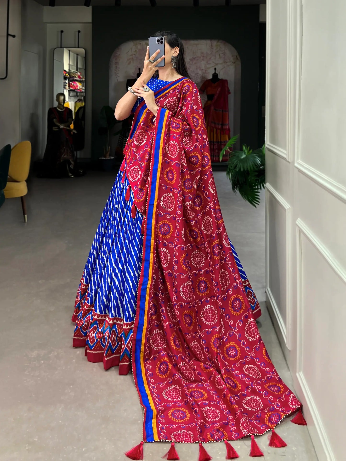 Royal Blue Tussar Silk Leheriya Print Lehenga Choli