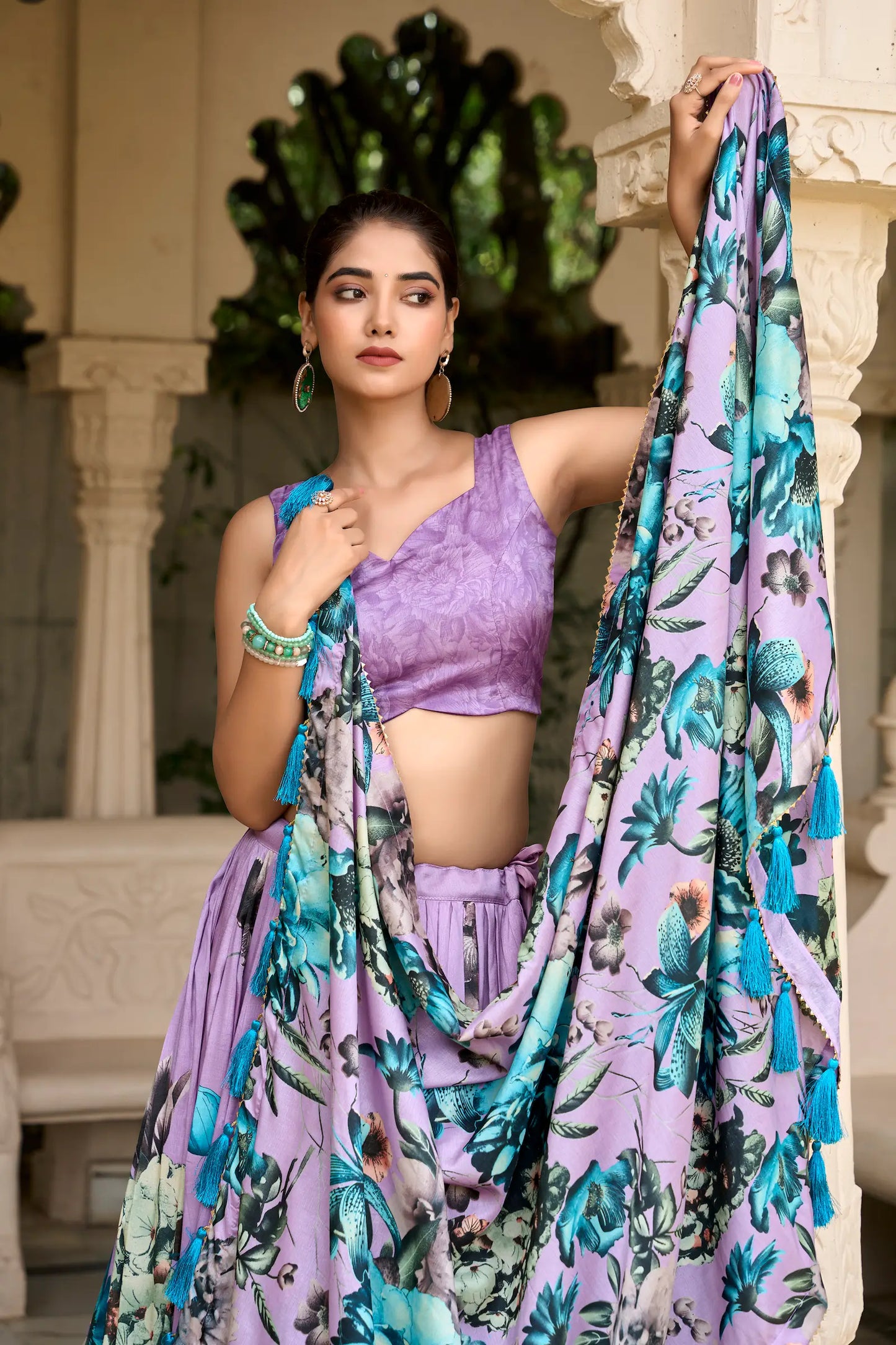 Lavender Tussar Silk Floral Printed Lehenga Choli
