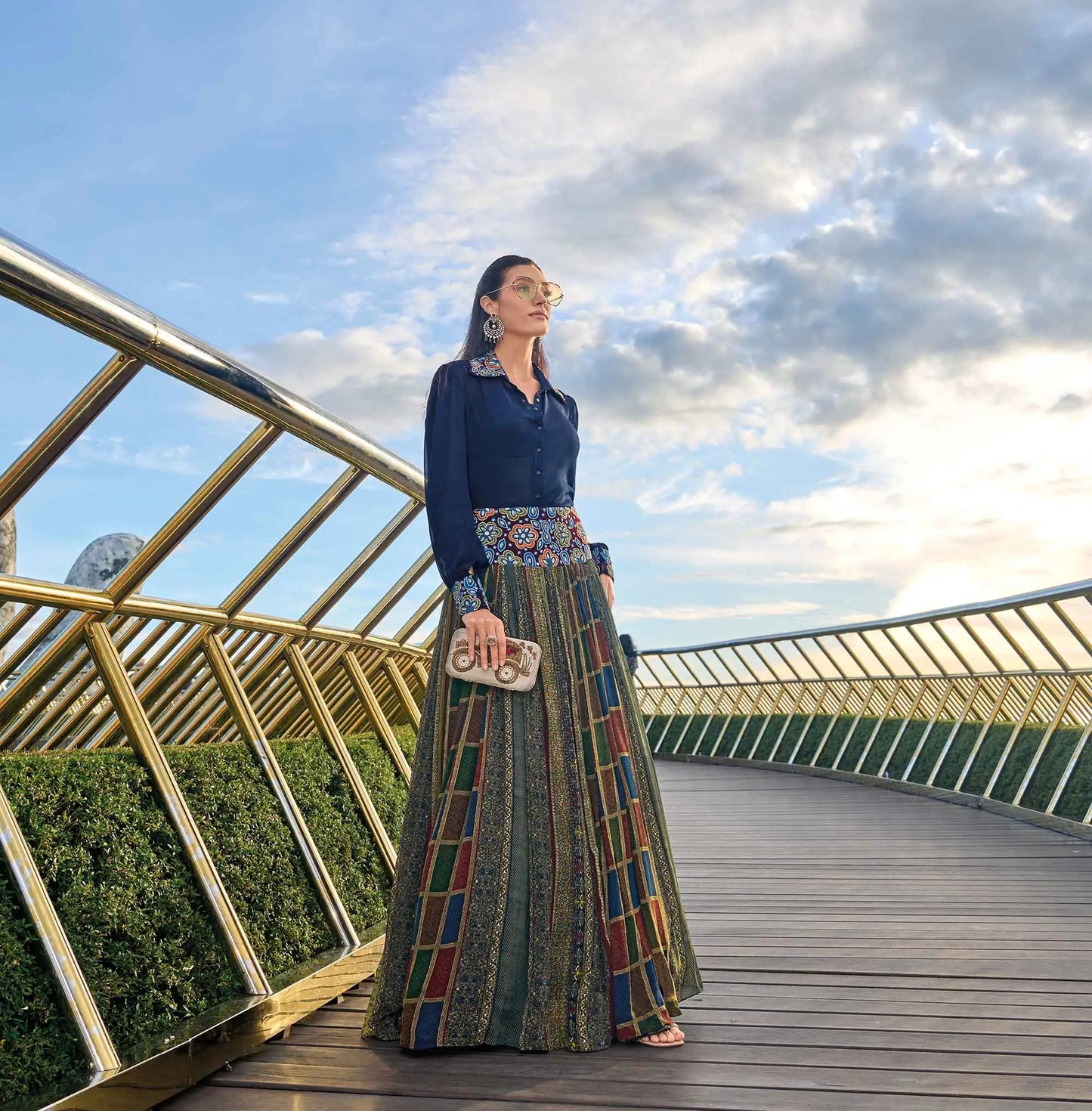 Designer Blue With multi Color Print Stylish Shirt And Skirt Indo Western