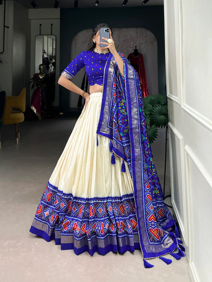Royal Blue Tussar Silk Patola Printed Lehenga Choli