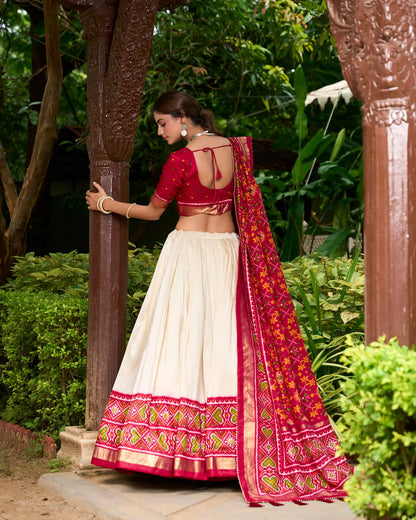 Red Tussar Silk Patola Printed Lehenga Choli
