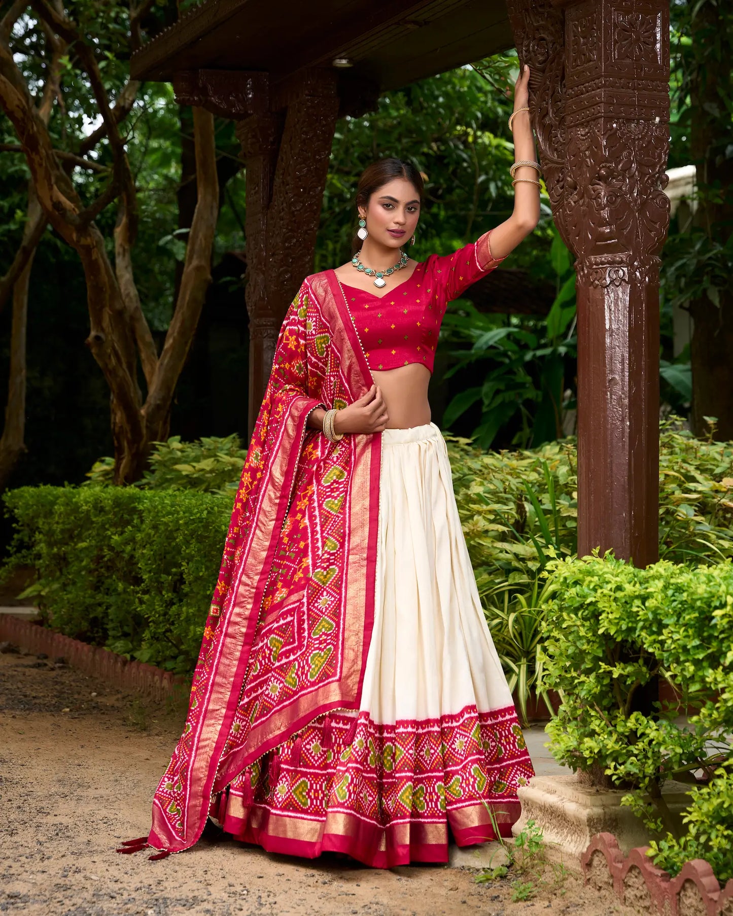 Red Tussar Silk Patola Printed Lehenga Choli