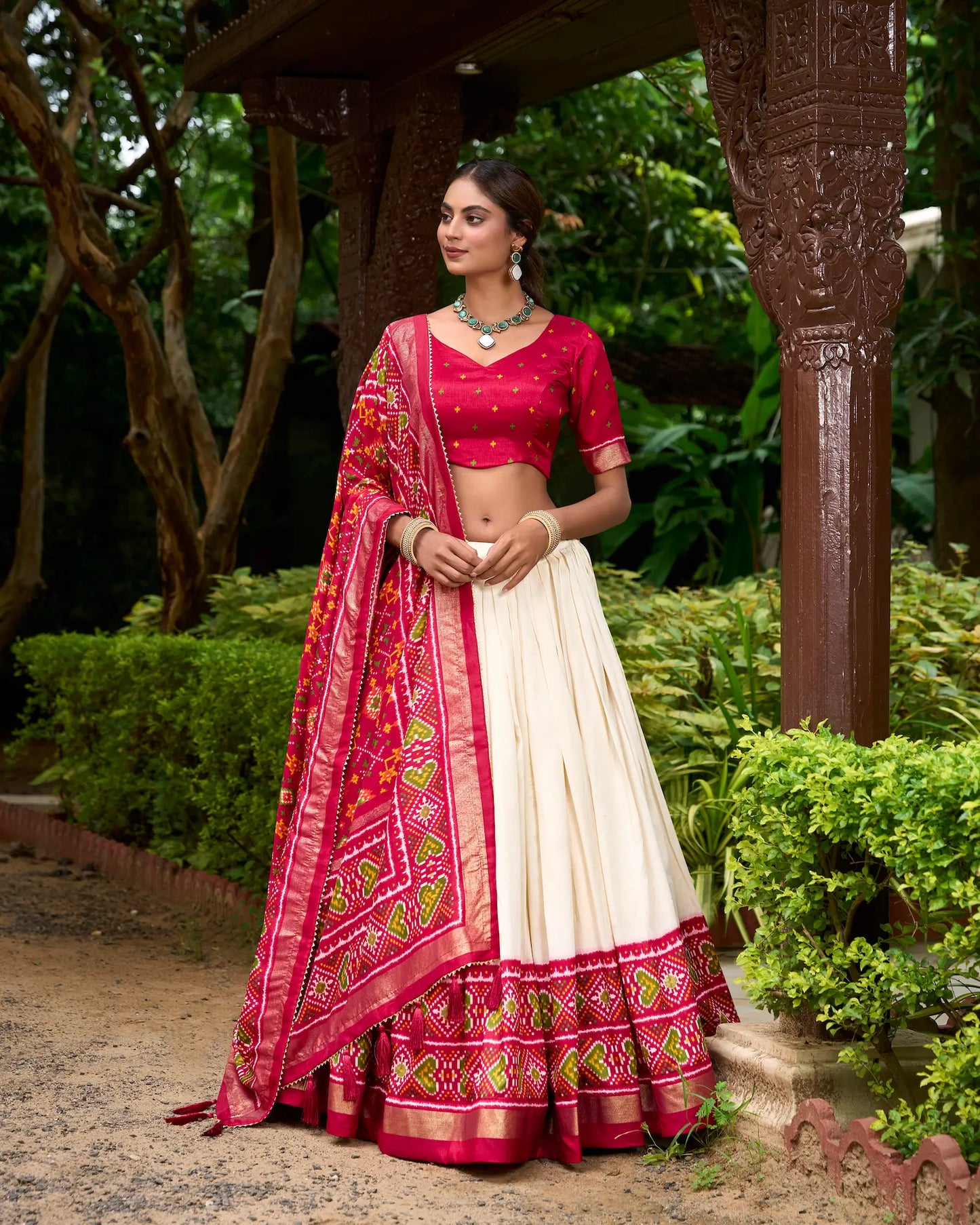 Red Tussar Silk Patola Printed Lehenga Choli