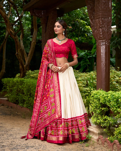 Red Tussar Silk Patola Printed Lehenga Choli