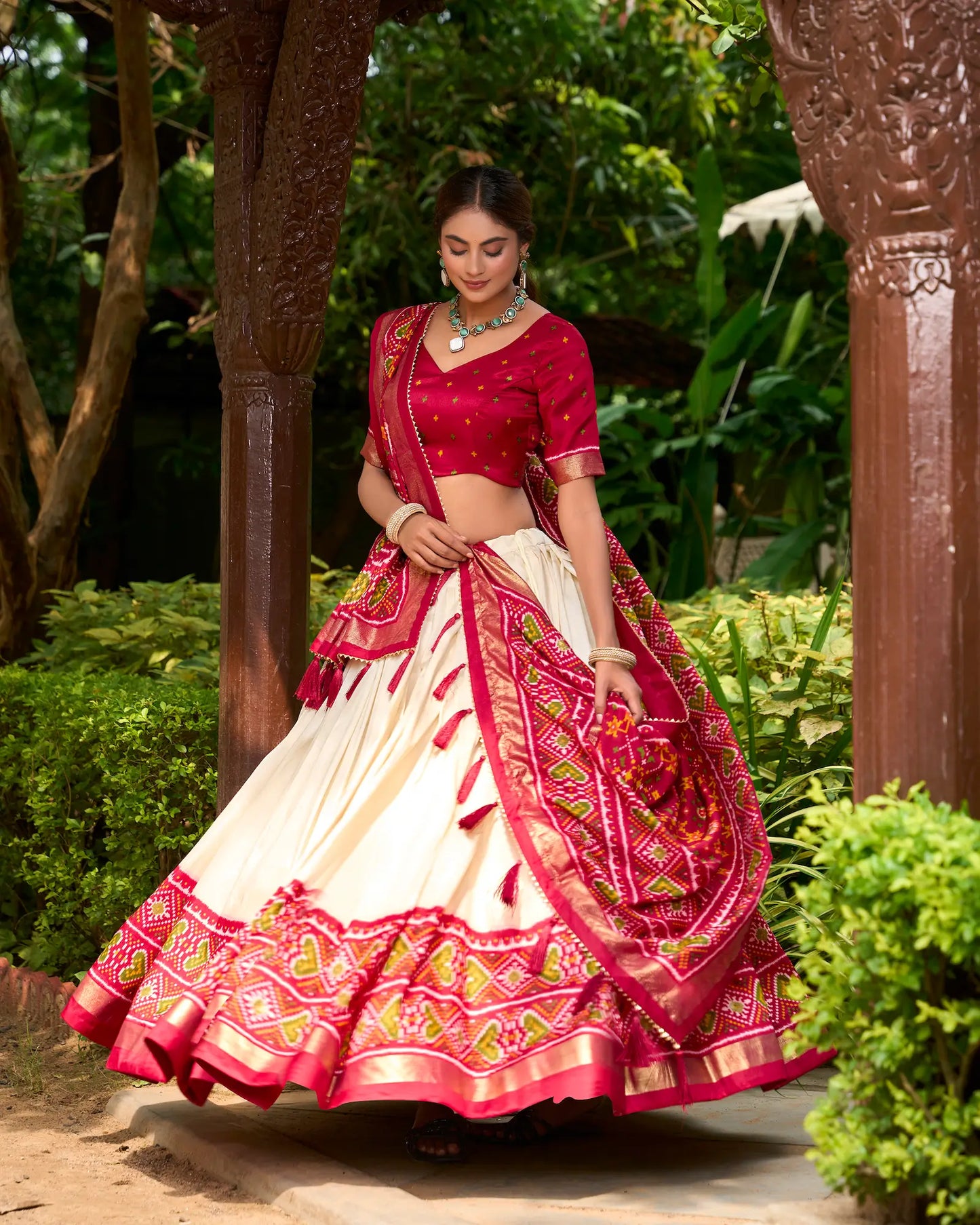 Red Tussar Silk Patola Printed Lehenga Choli