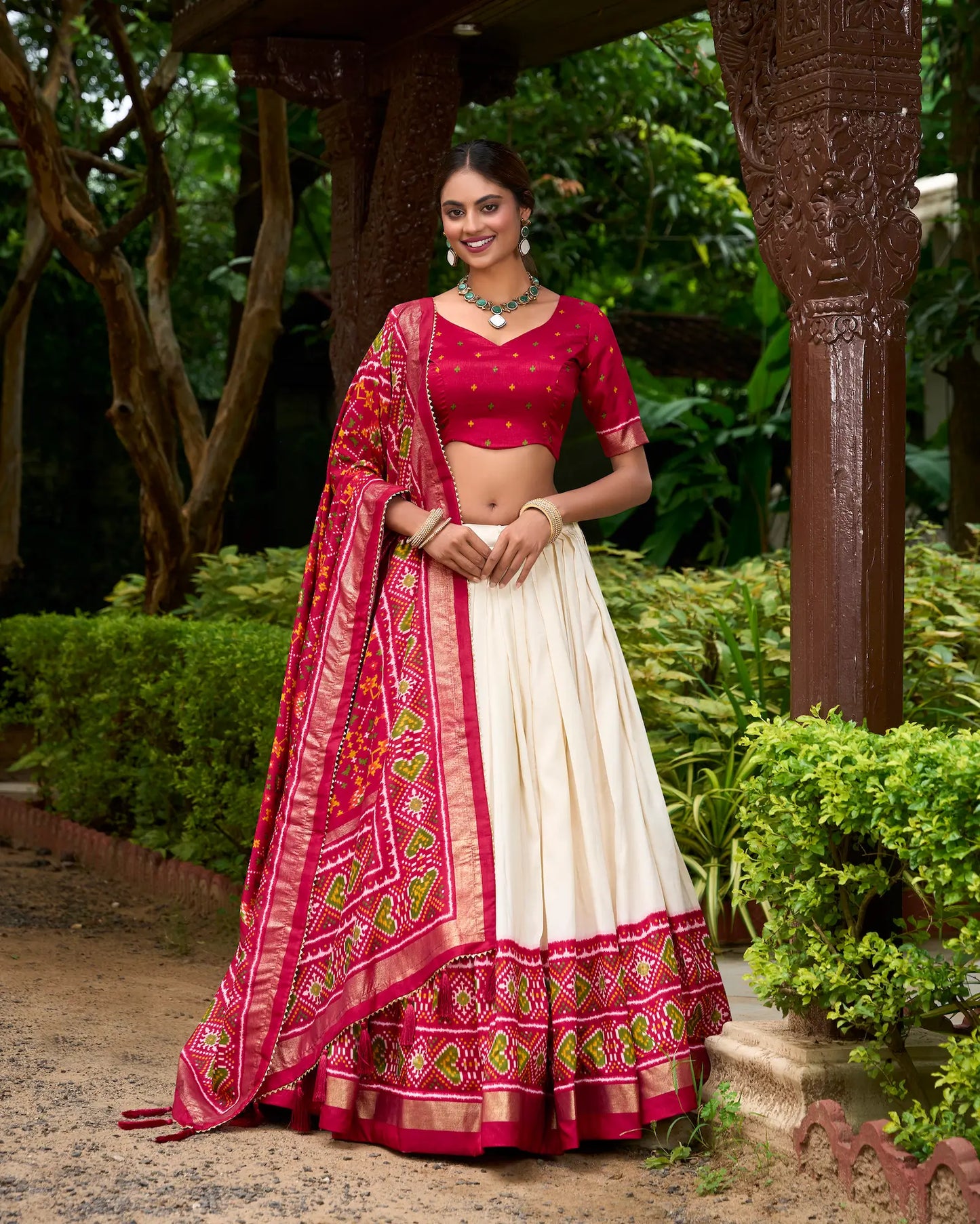 Red Tussar Silk Patola Printed Lehenga Choli