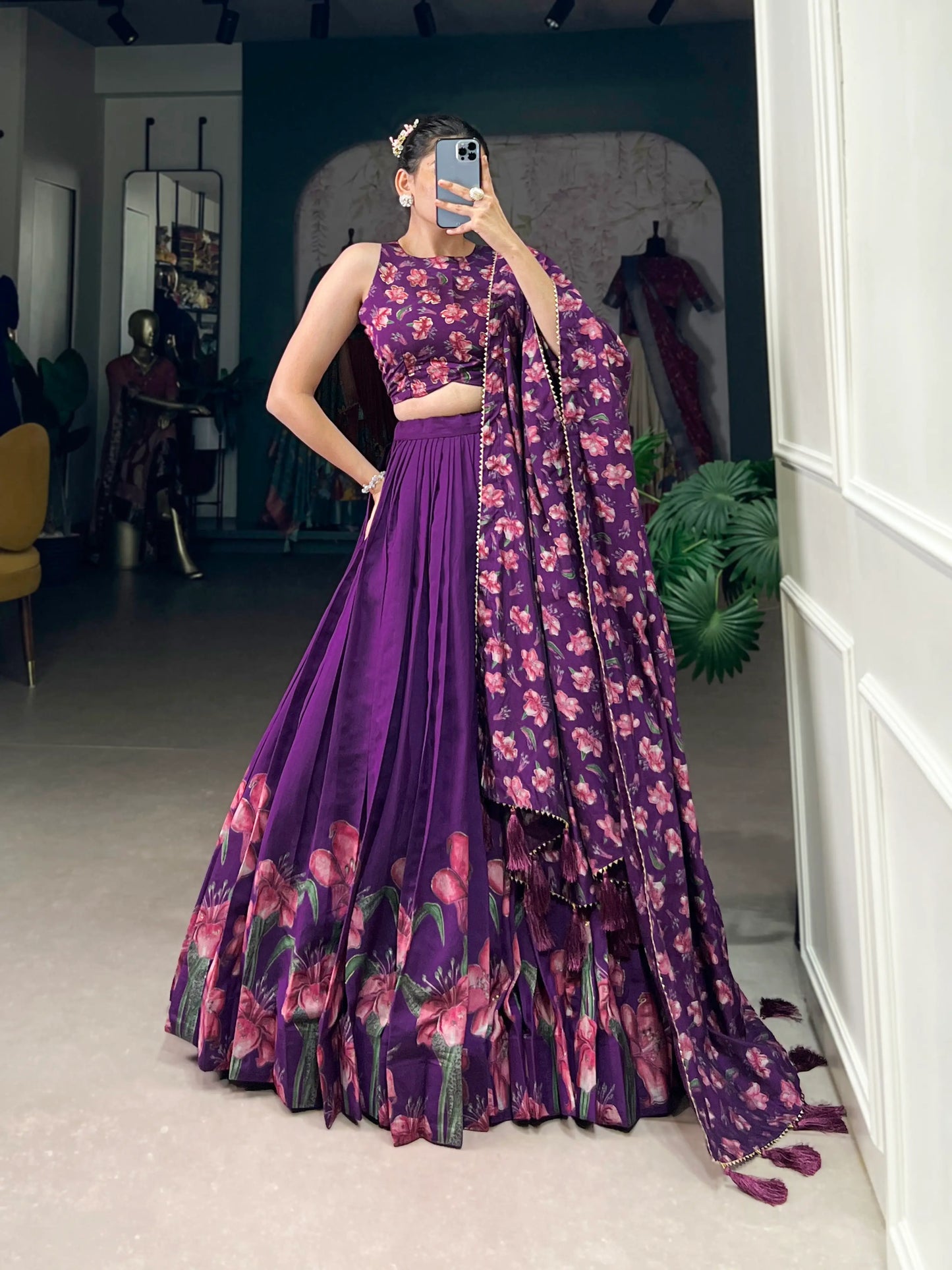 Purple Tussar Silk Floral Printed Lehenga Choli