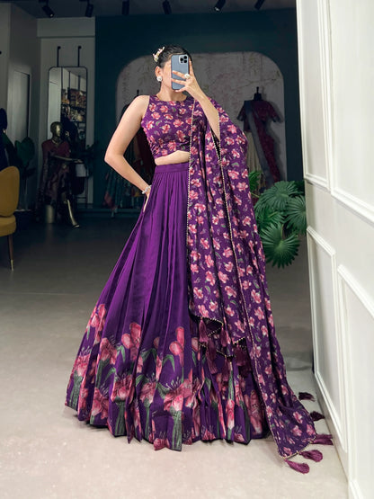 Purple Tussar Silk Floral Printed Lehenga Choli