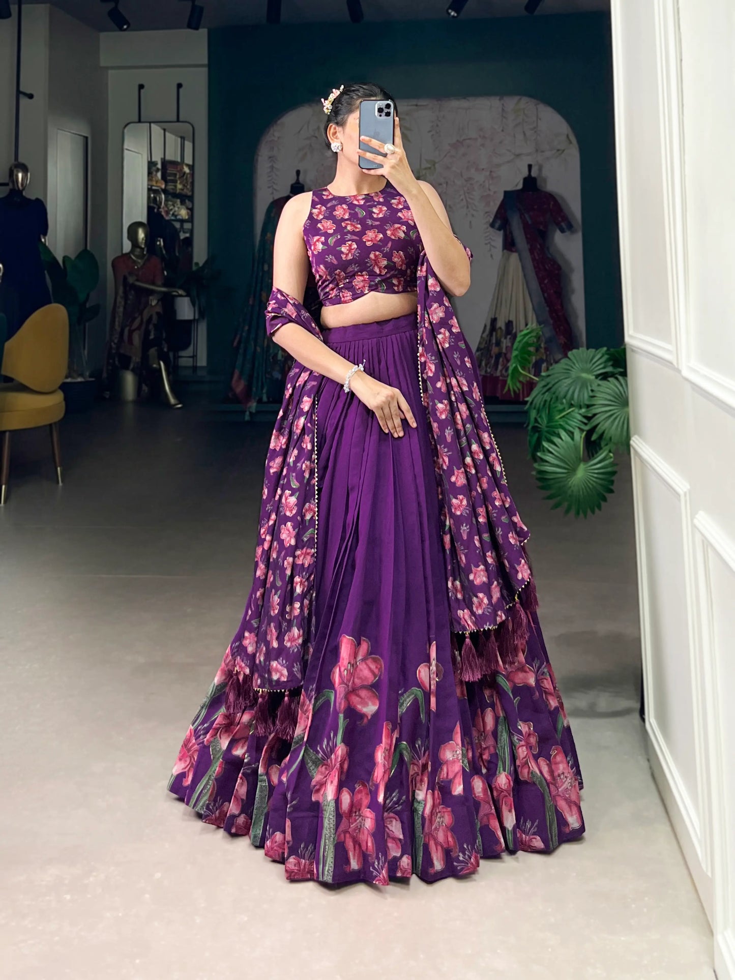 Purple Tussar Silk Floral Printed Lehenga Choli