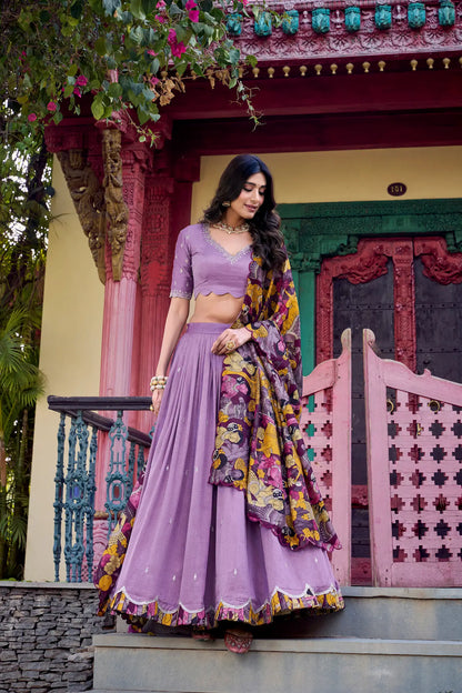 Lavender Vichitra Silk Lehenga Choli With Kalamkari Print & Thread, Sequins Embroidery