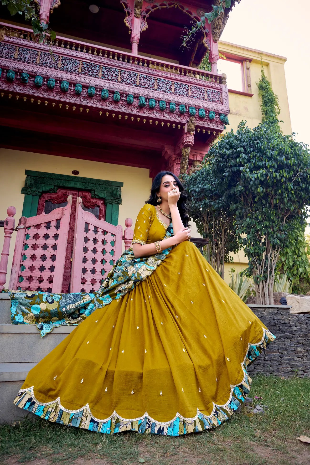 Mustard Vichitra Silk Lehenga Choli With Kalamkari Print & Thread, Sequins Embroidery