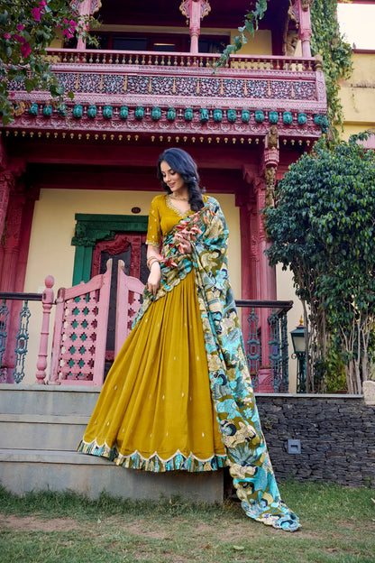 Mustard Vichitra Silk Lehenga Choli With Kalamkari Print & Thread, Sequins Embroidery