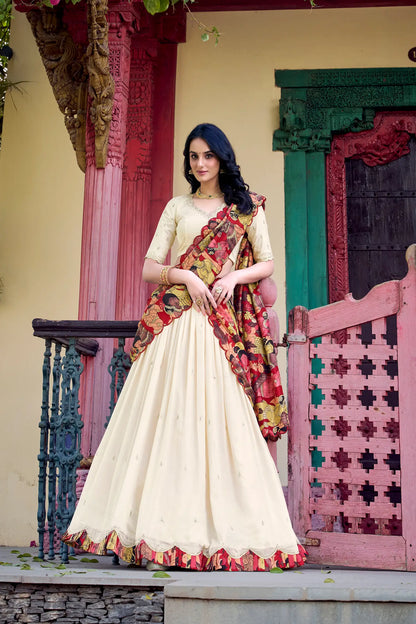 Beige Vichitra Silk Lehenga Choli With Kalamkari Print & Thread, Sequins Embroidery