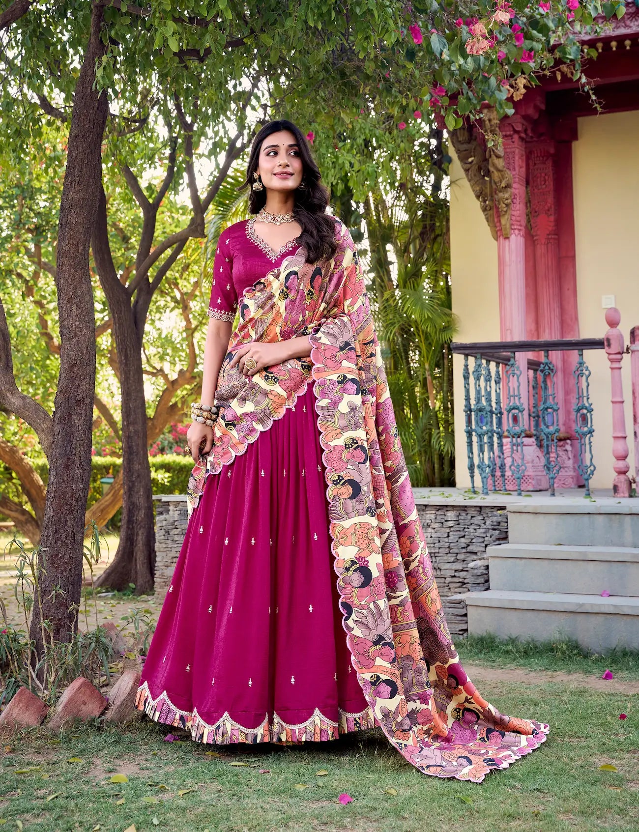 Pink Vichitra Silk Lehenga Choli With Kalamkari Print & Thread, Sequins Embroidery