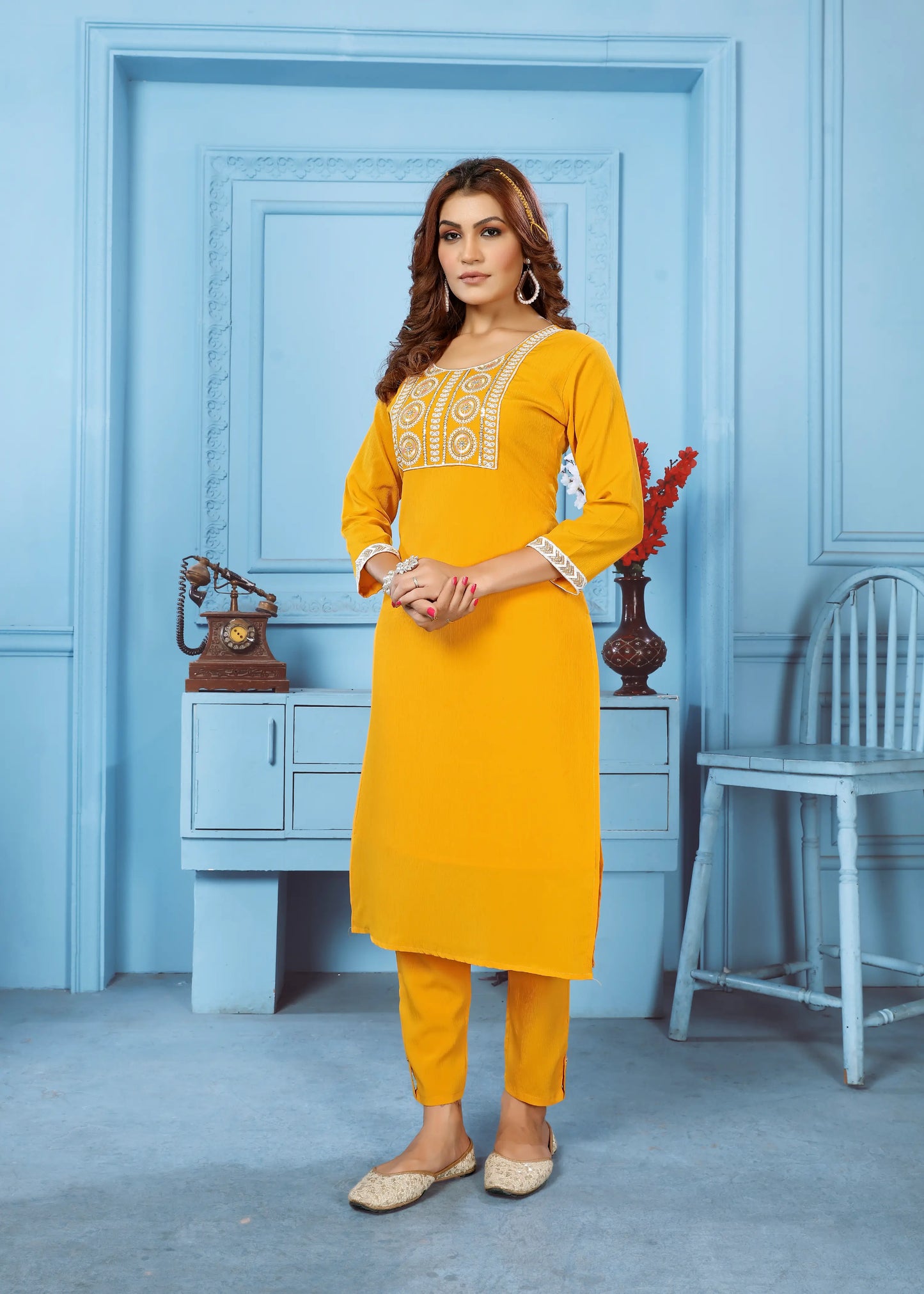 Yellow Kurta Set With Embroidery Work