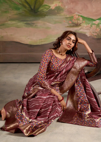 Wine Dola Silk Printed Saree With Zari Border