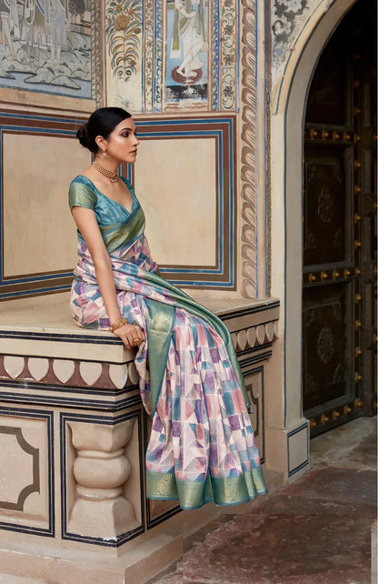 Peach  Handloom Silk Saree  With Digital Print Zari Border