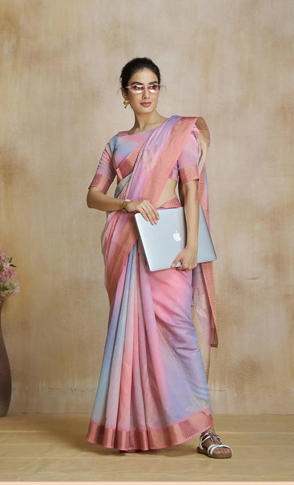 Multi Color Art Silk Saree with Zari Border & Digital Print