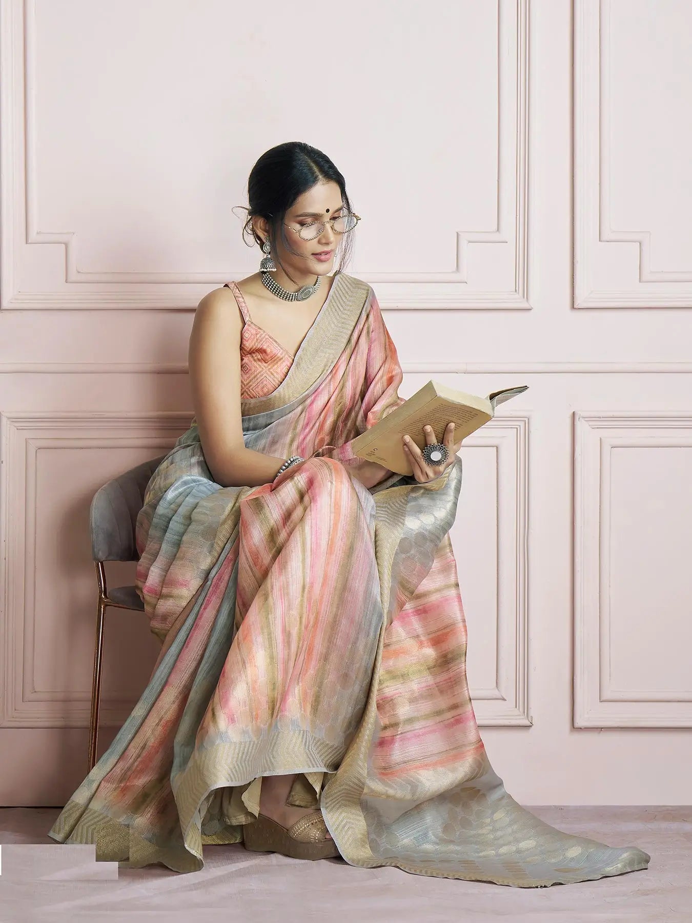 MultiColor Handloom Khadi Silk Saree with Digital Print & Zari  Border