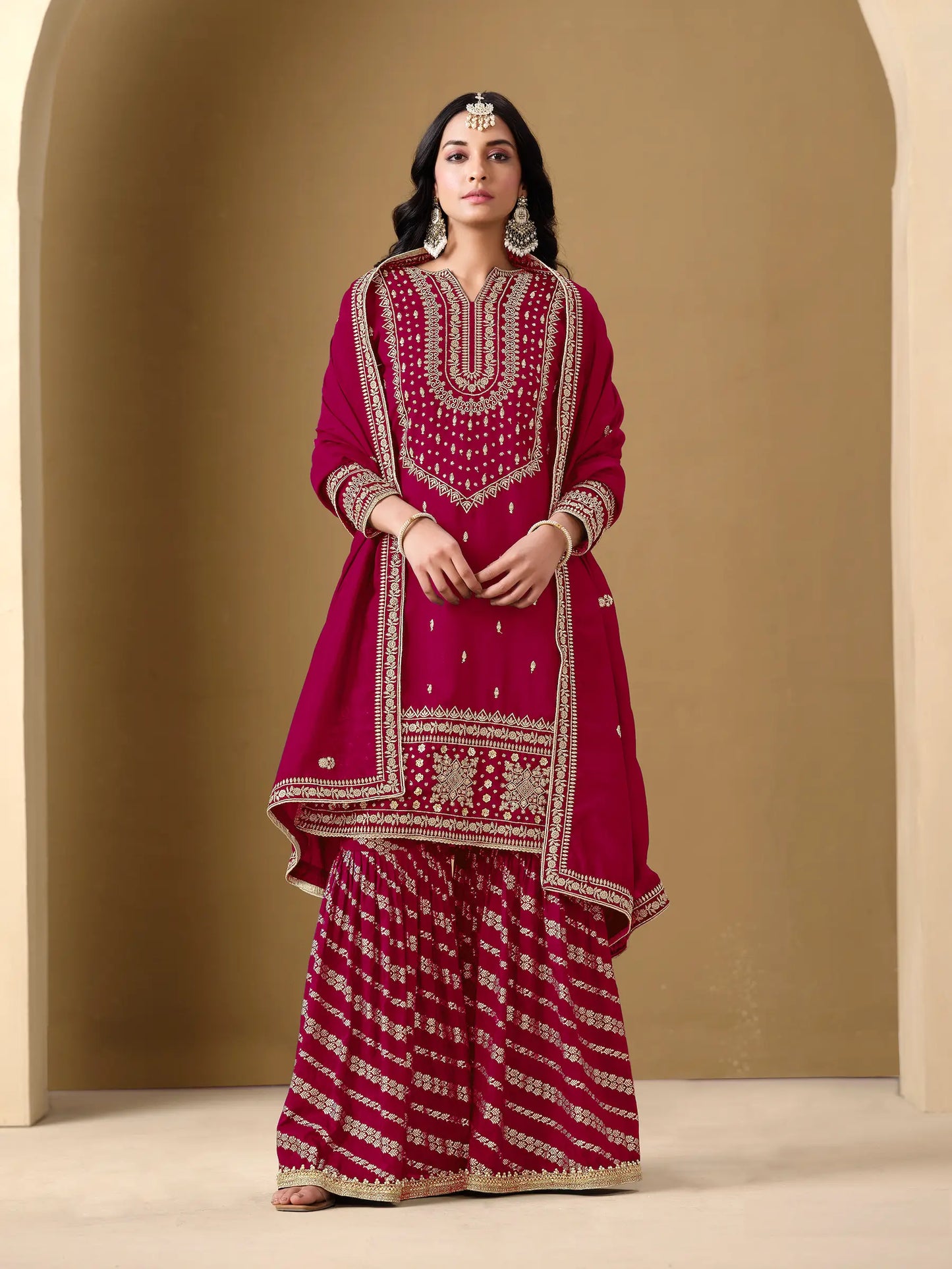 Dark Red Art Silk Sharara Suit With Thread & Sequins Embroidery Work