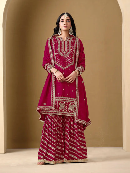 Dark Red Art Silk Sharara Suit With Thread & Sequins Embroidery Work