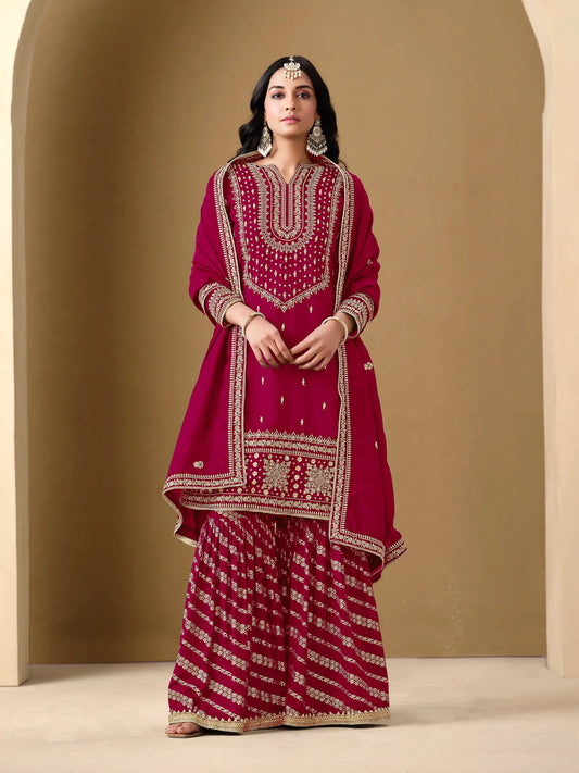 Dark Red Art Silk Sharara Suit With Thread & Sequins Embroidery Work