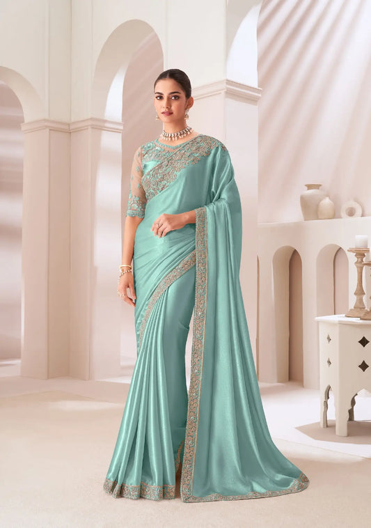 Turquoise Green Satin Chiffon Party Wear Saree With Sequence & Thread Embroidery Work