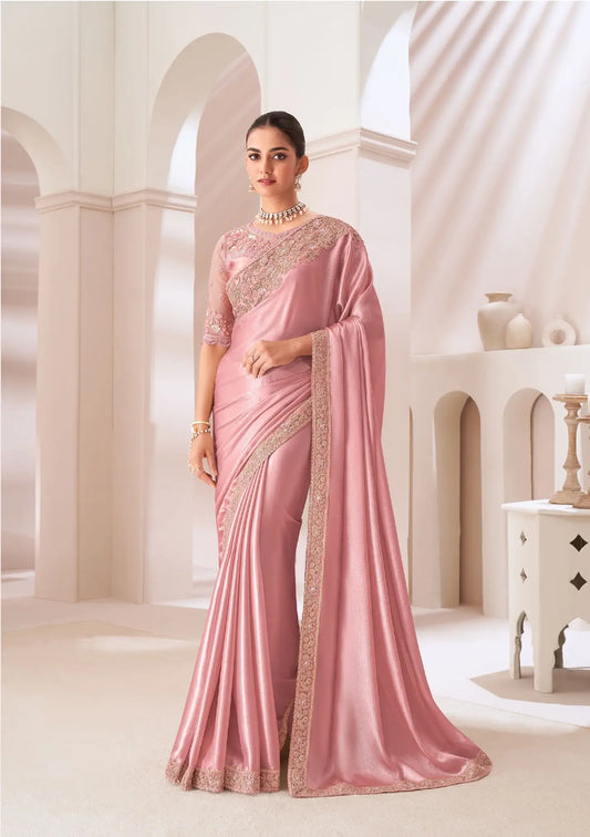 Rose Pink Satin Chiffon Party Wear Saree With Sequence & Thread Embroidery Work