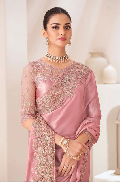 Rose Pink Satin Chiffon Party Wear Saree With Sequence & Thread Embroidery Work