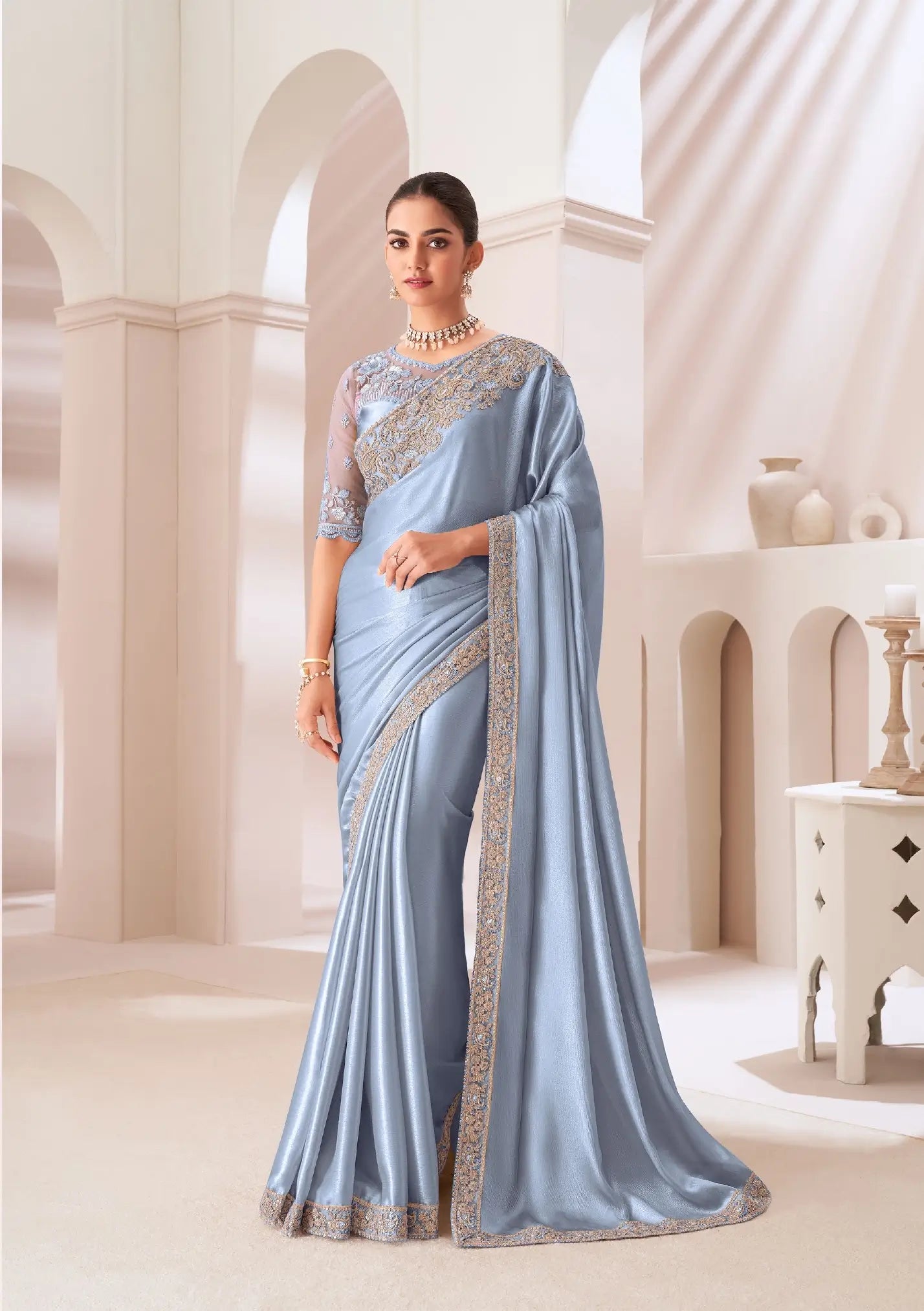 Blue Grey Satin Chiffon Party Wear Saree With Sequence & Thread Embroidery Work