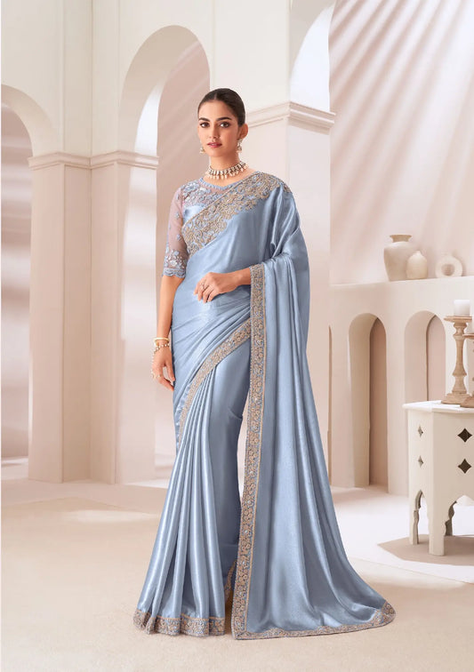 Blue Grey Satin Chiffon Party Wear Saree With Sequence & Thread Embroidery Work