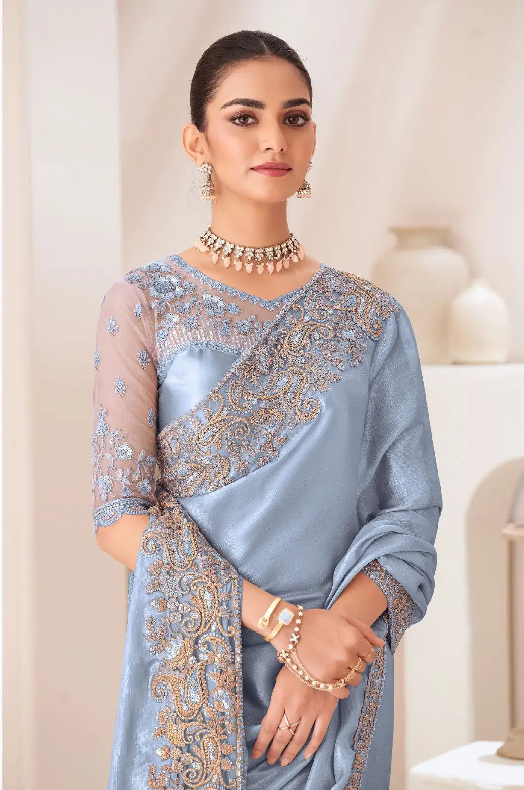 Blue Grey Satin Chiffon Party Wear Saree With Sequence & Thread Embroidery Work