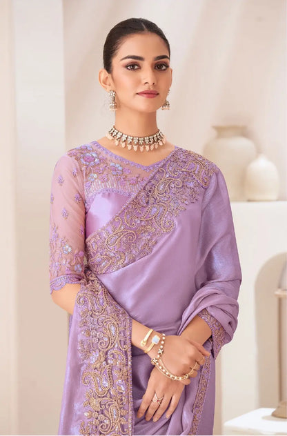 Lavender Satin Chiffon Party Wear Saree With Sequence & Thread Embroidery Work