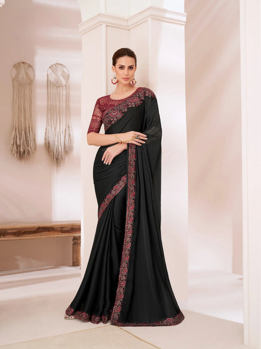 Black Chiffon Party Wear Saree With Sequence & Thread Embroidery Work